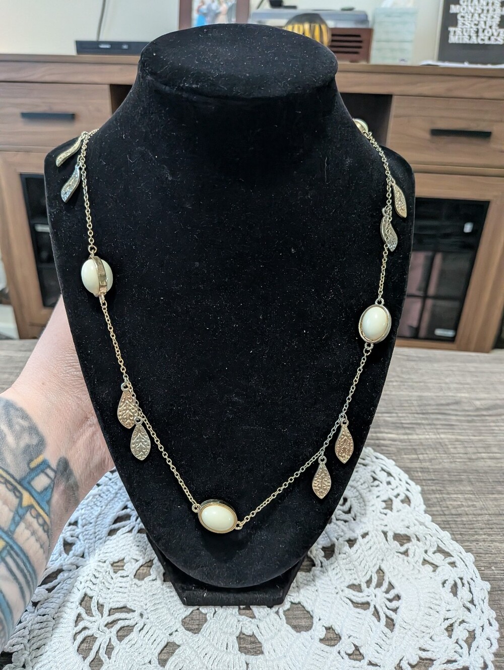 Gold Leaf & White Stones Long Necklace